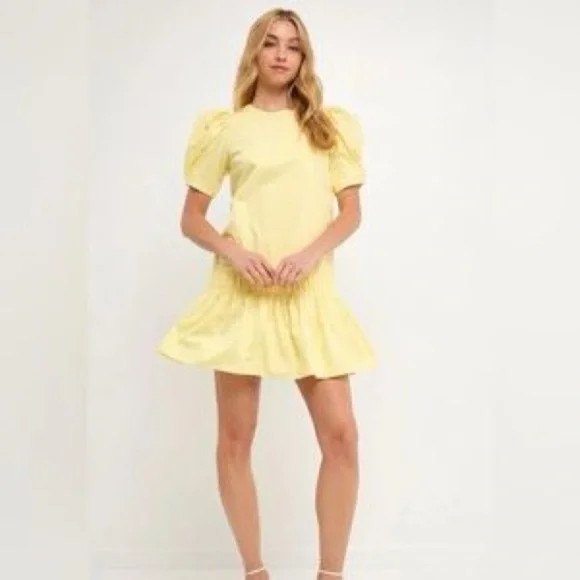 ENGLISH FACTORY
Ruffle Detail Puff Sleeve Poplin Dress size Large Yellow - Picture 7 of 12